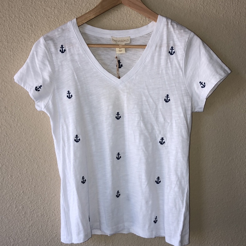 Cynthia Rowley V-Neck Anchor Embroidered Tee Size S